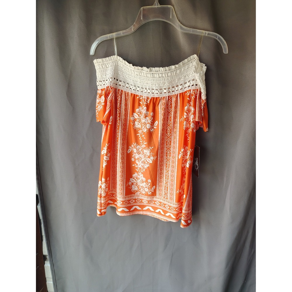 New Directions Petite PM Orange Floral Crochet Off Shoulder 2-Way Blouse Top NWT